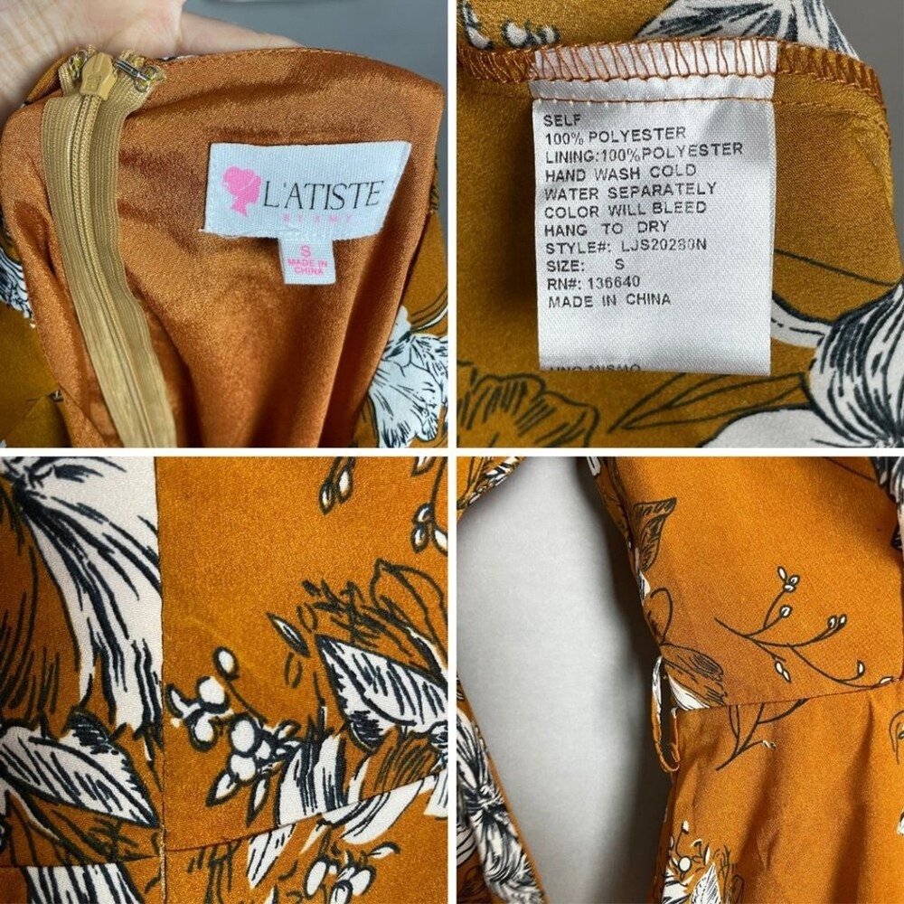 L'Atiste Romper Floral Flutter Bell Sleeve NO BELT Size Small Wrap-Style Mustard - Picture 10 of 16